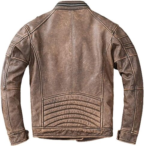 SAMS Mens Motorcycle Brown Vintage Distressed Cafe Racer Slim Fit Real Leather Jacket - Snap/Zip Front Leather Biker Jacket in Saudi Arabia