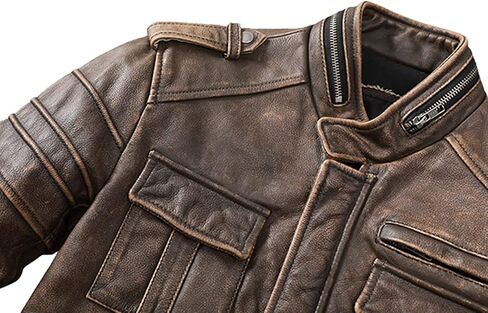 SAMS Mens Motorcycle Brown Vintage Distressed Cafe Racer Slim Fit Real Leather Jacket - Snap/Zip Front Leather Biker Jacket in Saudi Arabia