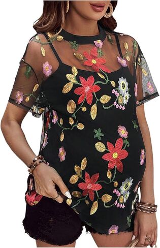 MakeMeChic Women's Maternity Tee Shirt Floral Embroidery Short Sleeve Mesh Pregnancy Tops in Saudi Arabia