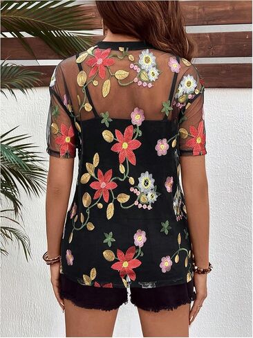 MakeMeChic Women's Maternity Tee Shirt Floral Embroidery Short Sleeve Mesh Pregnancy Tops in Saudi Arabia