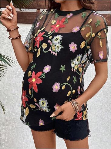 MakeMeChic Women's Maternity Tee Shirt Floral Embroidery Short Sleeve Mesh Pregnancy Tops in Saudi Arabia