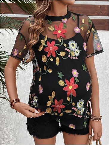 MakeMeChic Women's Maternity Tee Shirt Floral Embroidery Short Sleeve Mesh Pregnancy Tops in Saudi Arabia