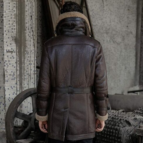 2018 Mens Shearling Sheepskin Jacket Classic Fur Collar Fashion Long Style Coat Black Winter Warm Clothing in Saudi Arabia