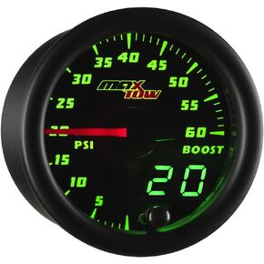 MaxTow Double Vision 60 PSI Turbo Boost Gauge Kit - Includes Electronic Pressure Sensor - Black Gauge Face - Green LED Illuminated Dial - Analog & Digital Readouts - for Diesel Trucks - 2-1/16" 52mm