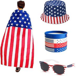 American Flag Costume Cape, 4th of July Accessories Kit Retro 80's USA Sunglasses American Flag Bucket Hat Wristbands for Independence Day Celebration