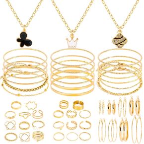 44-65pcs Golden Silver Plated Jewelry Sets Necklaces,Bracelets Bangles,Earring,Rings for Women Valentine Anniversary Birthday Friendship