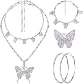 Bonuci 4 PCS Butterfly Jewelry Set Butterfly قلادة قلادة أقراط الخاتم للنساء حفلة رقص حفلة موسيقية (Silver)