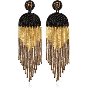 Clip on Earrings Dangle Long Tassel Earrings Bohemian Handmade Boho Tri Color Seed Beaded for Women Fringe Drop