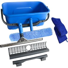 Squeegee with Shelf Storage for Window Cleaning,Window Cleaning Squeegee kit with Bucket&Microfiber Scrubber,Bathroom,Shower Doors,Mirrors,Tiles,and Car Windows Blue