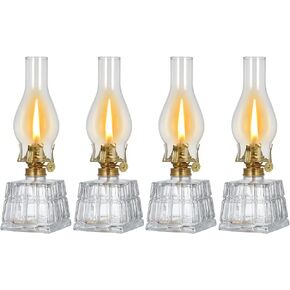 4 Pack Chamber Oil Lamp Vintage Large Kerosene Lamp Antique Oil Lamps for Indoor Use Emergency Lighting Square Glass Rustic Hurricane Lamp Clear Oil Lantern 11 Inch