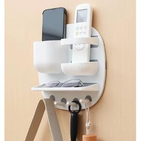 Plastic Wall Mount Organizer, Bedside Storage Shelf Adhesive Storage Organzier Small Bedroom Accessories for Remote, Phone, Glasses (White)