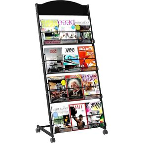 Brochure Display Stand 4 Layer Floor-Standing Magazine Rack Literature Newspaper Catalog Display Holder with Wheels and Top Billboard for Exhibitions,School, Hotel, Hospitals, Offices (Black)