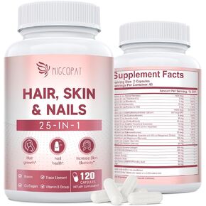 Hair Skin and Nails Vitamins with Biotin, Collagen & Hyaluronic Acid, Supports Healthy Hair Growth, Strong Nails & Glowing Skin, Biotin Supplement with Vitamins A, C, D3, E, B Complex & Minerals