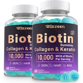 Biotin Gummies, Biotin 10000mcg with Collagen, Keratin, Hyaluronic Acid for Hair Growth, Hair Vitamins for Men and Women - Hair, Skin and Nails Support