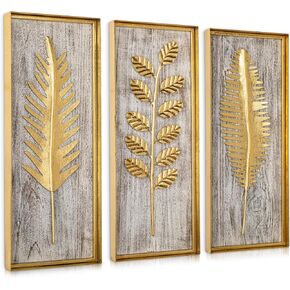 Villa Como Gold Metal Wall Art with Wooden Base, Metal Frame Gold Wall Decor with Botanical Leaves, Farmhouse Golden Wall Decor for Home Office Bedroom Bathroom, Golden Hanging Wall Accent Décor 3Pcs