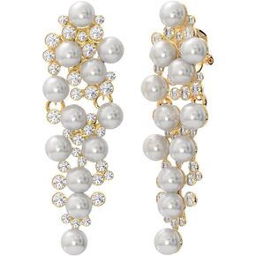Aloha Earrings Non Pierced Gold Tone Clip On Simulated Pearl and Crystal Cluster Chandelier Statement Dangling Earrings