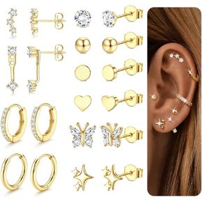 الأقراط الفضية الفضية Thunaraz للنساء لأقراط Hypoallergenic لعدة ثقب مميت الذهب 14K مطلي بالقرار الطوق مجموعات حلق الفضة الصغيرة مجوهرات ثقب المجوهرات