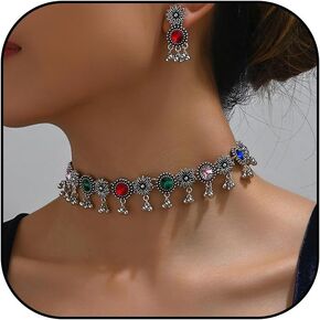 Dcfywl731 Indian Jewelry Sets for Women Bollywood Wedding Jewelry Necklace Set Oxidized Indian Choker Necklace with Maang Tikka Earrings Set Jewelry Gift