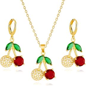 WCRAZYE Red Cherry Fruit Necklace Earring Sets for Women Cute Sweet Gold Plated Dainty Cherry Fashion Necklace