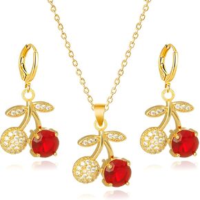WCRAZYE Red Cherry Fruit Necklace Earring Sets for Women Cute Sweet Gold Plated Dainty Cherry Fashion Necklace in Kuwait
