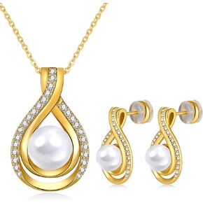 Infinity White Black Pearl Necklace and Earrings Set for Women Gifts for Mom Birthday Mothers Day AAA+ Handpicked Pearl 14K Gold/White Gold Plated Adjustable Jewelry