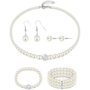 Pearl Necklace and Earring Set Pearl Wedding Jewelry Set for Women Chunky Pearls Choker Necklaces Stud Earrings Bride Bridesmaid Wedding Jewelry Gifts