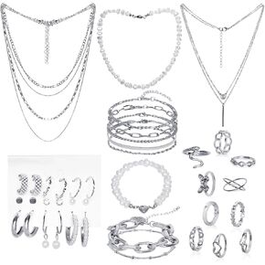 34 Pcs Silver Jewelry Set for Women Layered Bracelets Ball Dangle Hoop Earrings Stackable Knuckle Rings Set Dainty Adjustable Necklaces Valentine Anniversary Trendy Party Costume Accessories Jewelry