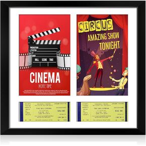 Double Theatre Bill Frame, 14" x 13" Bill Frame with 8.5" x 5.5" Wood Bill Holder Frame Openings and 5.5" x 2" Ticket Frame with White Mat, Theatre bill & Ticket for Wall Display