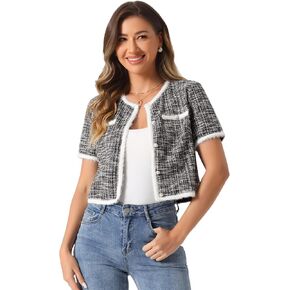 Allegra K Short Sleeve Tweed Jacket for Women Summer Crew Neck Button Front Cropped Cardigan