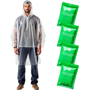 ZENO Disposable Rain Ponchos for Adults - Clear Ponchos with Sleeves & Hood, Compact and Clear, Emergency Poncho - Rain Poncho - Ponchos Adult - Travel Rain Poncho Hiking, Camping - (Pack of 4)
