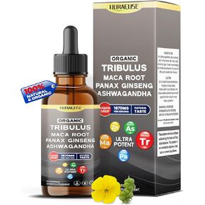 Organic Tribulus, Maca Root, Panax Ginseng, Ashwagandha Liquid Drops – 1670mg per Serving, Ultra Potent, Natural Taste, USA Made & Lab Tested – 2 FL OZ (60ml)
