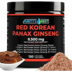 Purity’s Best RED Korean PANAX Ginseng Powder + 4X + 10x + 20x Extract, 8,500mg Eq. Per Serving, 5% Ginsenosides!, High Potency Ginsenosides for Energy, Concentration & Immune Support, 120 Capsules