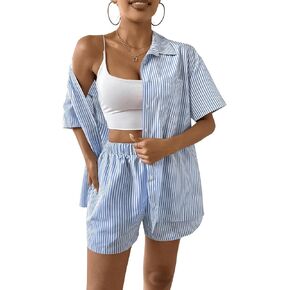 Verdusa Women's 2 Piece Outfits Oversized Half Sleeve Striped Blouse Shirt High Waist Shorts Sets