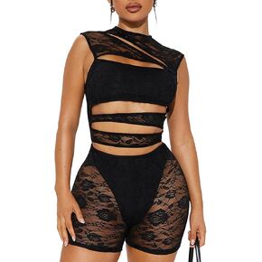 Lace Rompers for Women Sleeveless Short Jumpsuits Hollow Out Mesh See Through Bodysuit Club Tank Top 2025