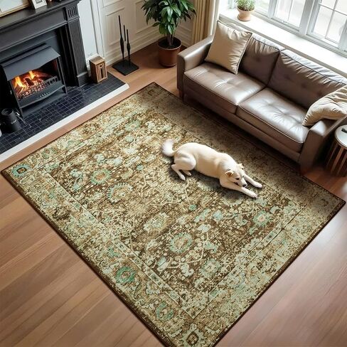 Andecor 5x7 Living Room Area Rug, Washable Rugs Perfect for Bedroom, Kids Room, Nursery, Dining Room, Foldable Low Pile Non-Slip, Pet & Child Friendly Vintage Carpets, Brown in Saudi Arabia