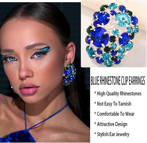 Colorful Rhinestone Clip On Earrings Dance Costume Jewelry Large Statement Earrings For Women Trendy Formal in Saudi Arabia