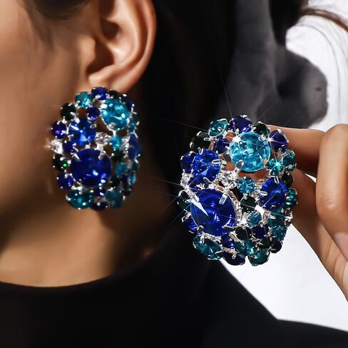 Colorful Rhinestone Clip On Earrings Dance Costume Jewelry Large Statement Earrings For Women Trendy Formal in Saudi Arabia