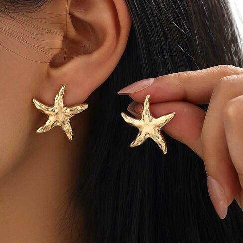14K Gold Plated Starfish Earrings for Women Trendy, Boho Summer Beach Starfish Earring Gold Statement Hypoallergenic Studs Vacation Outfits Accessories Jewelry in Saudi Arabia
