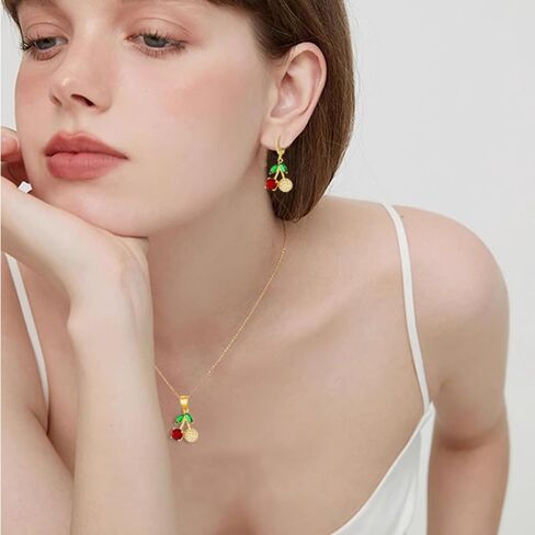 WCRAZYE Red Cherry Fruit Necklace Earring Sets for Women Cute Sweet Gold Plated Dainty Cherry Fashion Necklace in Saudi Arabia