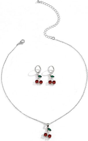 WCRAZYE Red Cherry Fruit Necklace Earring Sets for Women Cute Sweet Gold Plated Dainty Cherry Fashion Necklace in Saudi Arabia