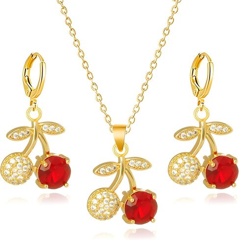 WCRAZYE Red Cherry Fruit Necklace Earring Sets for Women Cute Sweet Gold Plated Dainty Cherry Fashion Necklace in Kuwait