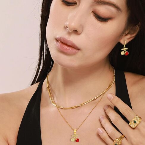WCRAZYE Red Cherry Fruit Necklace Earring Sets for Women Cute Sweet Gold Plated Dainty Cherry Fashion Necklace in Kuwait