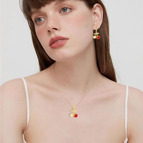WCRAZYE Red Cherry Fruit Necklace Earring Sets for Women Cute Sweet Gold Plated Dainty Cherry Fashion Necklace in Kuwait