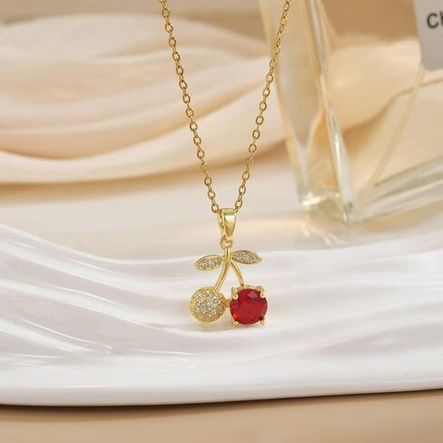 WCRAZYE Red Cherry Fruit Necklace Earring Sets for Women Cute Sweet Gold Plated Dainty Cherry Fashion Necklace in Kuwait