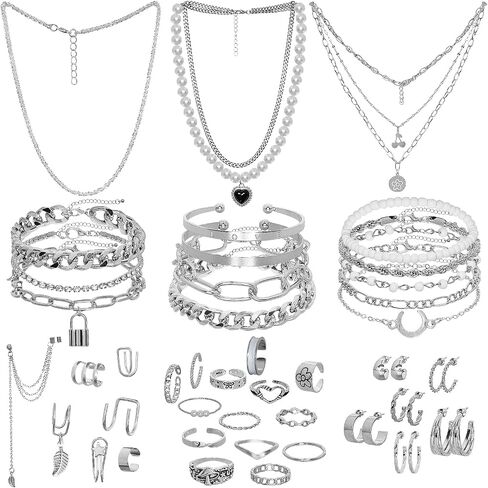34 PCS مجموعة المجوهرات الفضية للنساء الأساور ذات الطبقات التي تتدلى أقراط أقراط قابلة للتكديس مجموعة من القلفة القابلة للتعديل في عيد الحب الذكرى السنوية in Kuwait