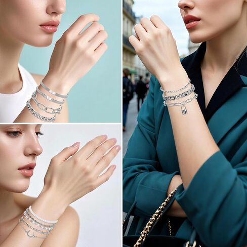 34 PCS مجموعة المجوهرات الفضية للنساء الأساور ذات الطبقات التي تتدلى أقراط أقراط قابلة للتكديس مجموعة من القلفة القابلة للتعديل في عيد الحب الذكرى السنوية in Kuwait