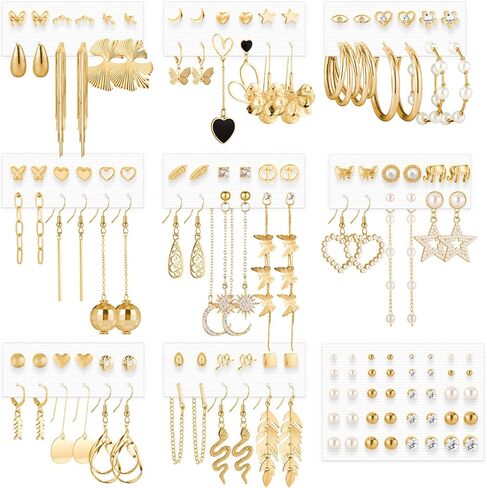 Fashion Earrings for Women Girls, Funtopia 68 Pairs Drop Dangle Earrings, Statement Stud Earrings Pearl Earrings Set for Party Jewelry Gift (Gold and Silver) in Kuwait