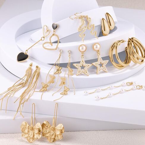 Fashion Earrings for Women Girls, Funtopia 68 Pairs Drop Dangle Earrings, Statement Stud Earrings Pearl Earrings Set for Party Jewelry Gift (Gold and Silver) in Kuwait