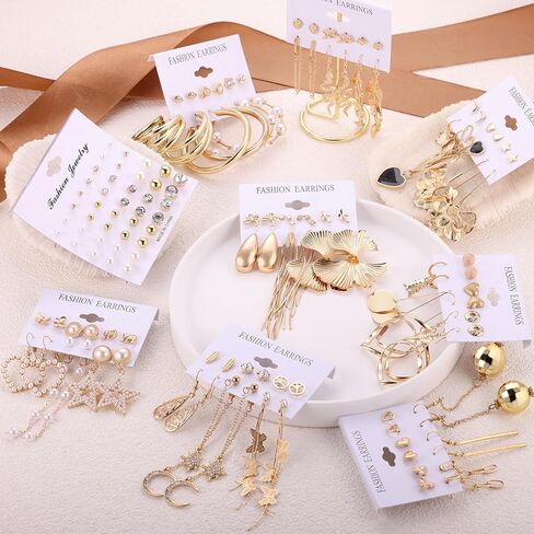 Fashion Earrings for Women Girls, Funtopia 68 Pairs Drop Dangle Earrings, Statement Stud Earrings Pearl Earrings Set for Party Jewelry Gift (Gold and Silver) in Kuwait