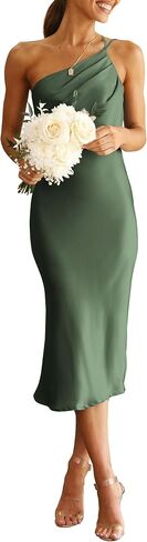 PRETTYGARDEN Women's Midi Satin Dress One Shoulder Spaghetti Strap Backless Ruched Summer Bodycon Dresses in Kuwait